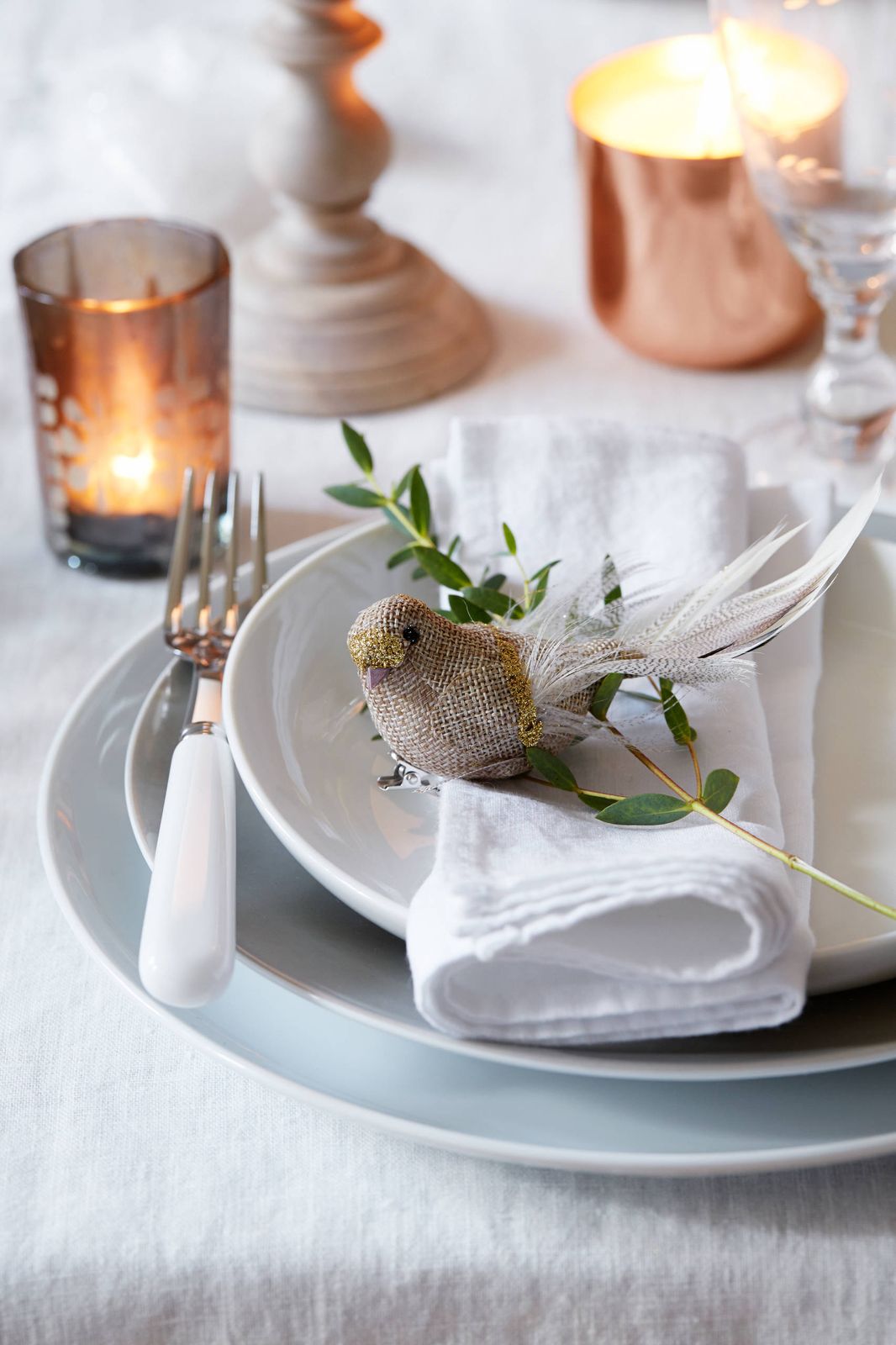 Vintage Dining Table Setting with Copper Candle Holder and Beaded Bird — Christmas Candle Decor