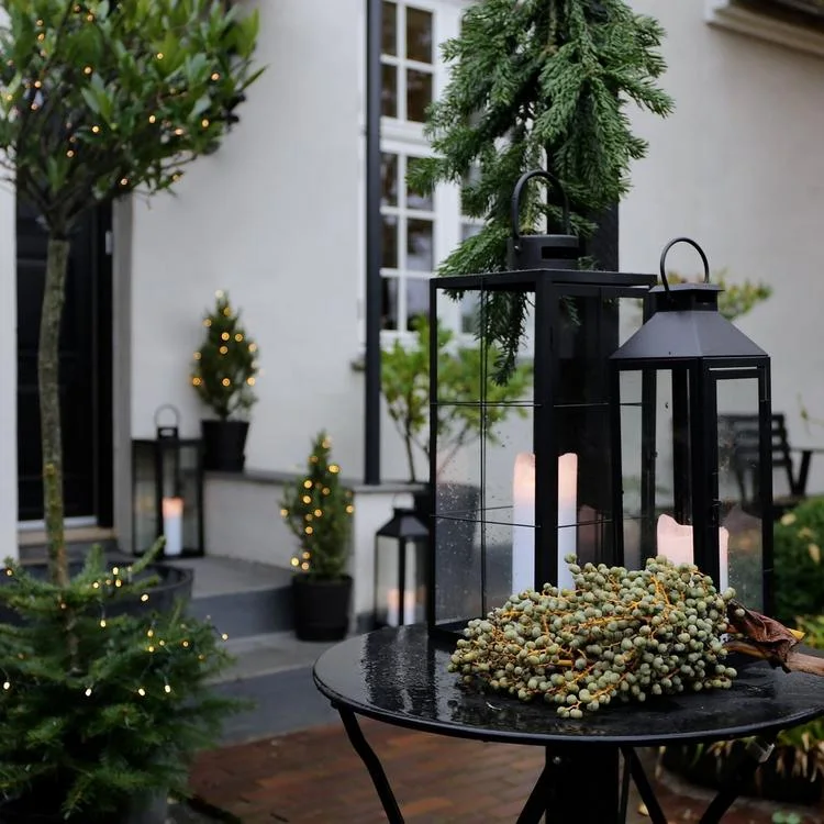 Large Modern Planters with Winter Greenery and Pinecones — Winter Porch Decor
