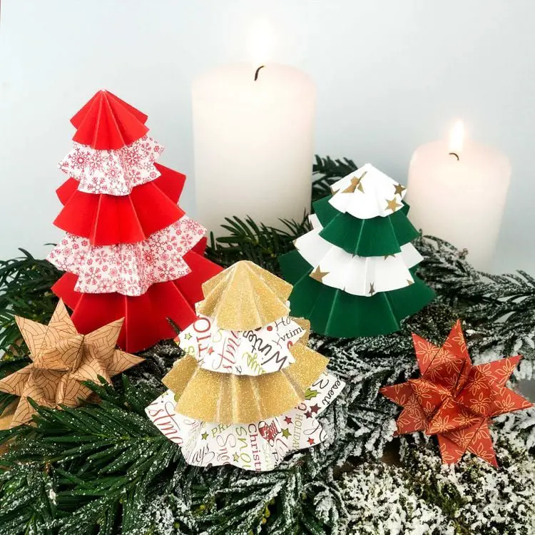 Rustic Origami Trees and Stars with Evergreen Branches — Christmas Crafts for Adults