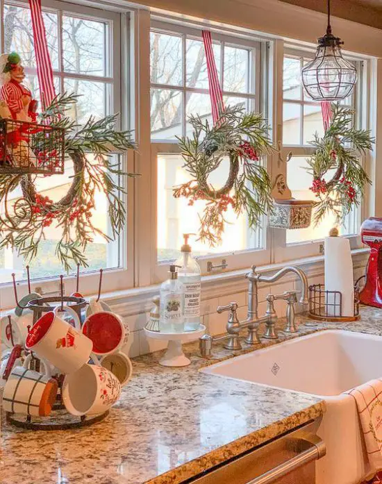 Cozy Kitchen Counter with Miniature Wreaths in the Window Cozy Kitchen Counter with Miniature Wreaths in the Window — Christmas Kitchen Decor