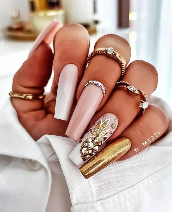 Pale Pink Coffin Nails With Pineapple And Rhinestones Pale Pink Coffin Nails With Pineapple And Rhinestones — pineapple nails ideas 2027
