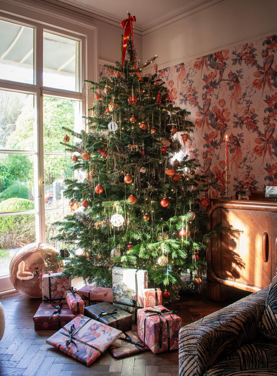Maximalist Tree in a Bold Floral Room — Christmas Tree Trends