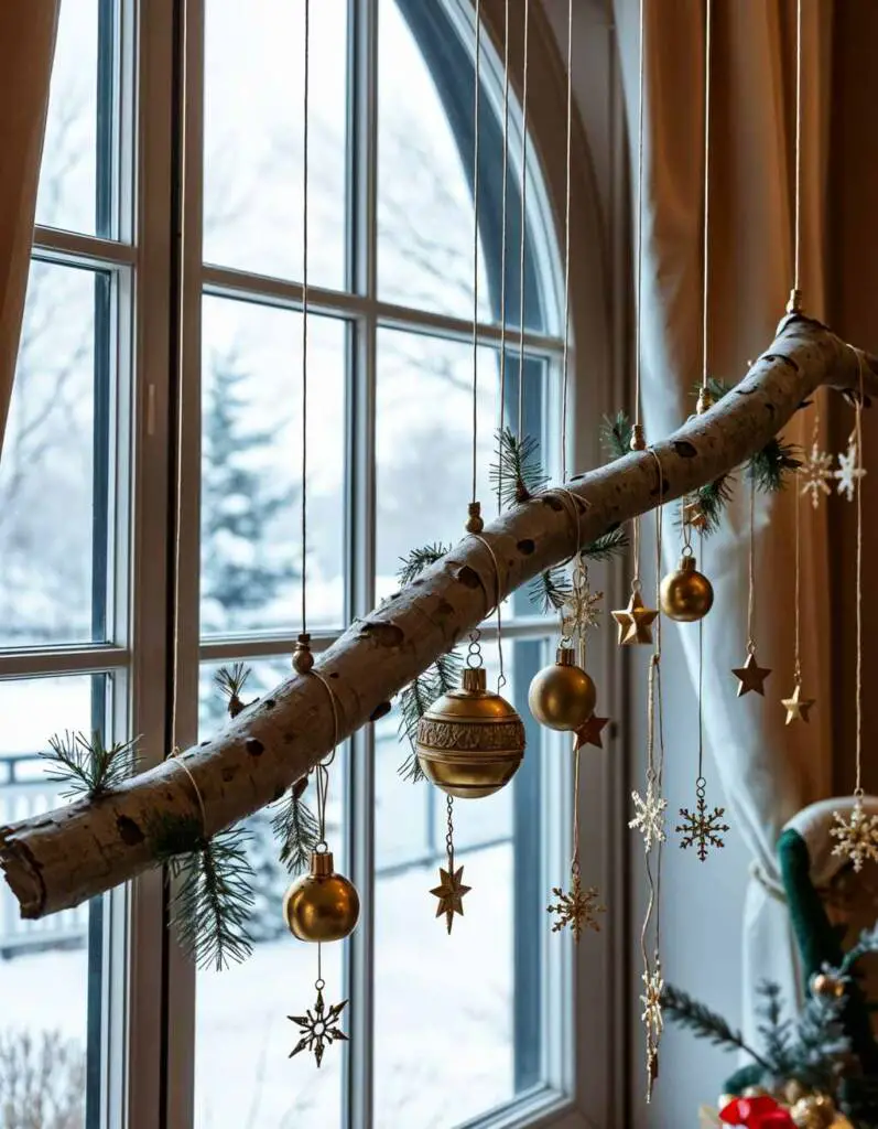 Elegant Birch Branch with Gold Ornaments Elegant Birch Branch with Gold Ornaments — Christmas Window Decor Outdoor