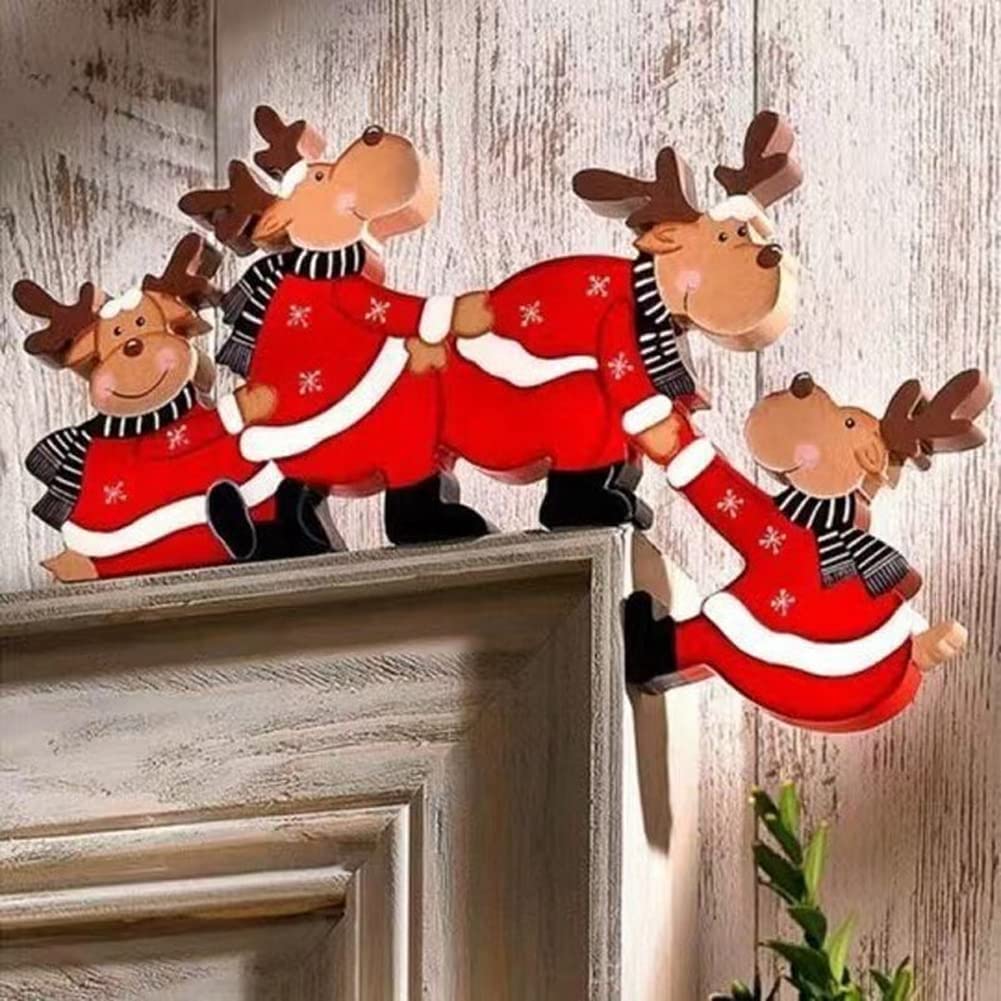 Wooden Reindeer Figures Climbing Door Frame Wooden Reindeer Figures Climbing Door Frame — Christmas Door Frame Lights