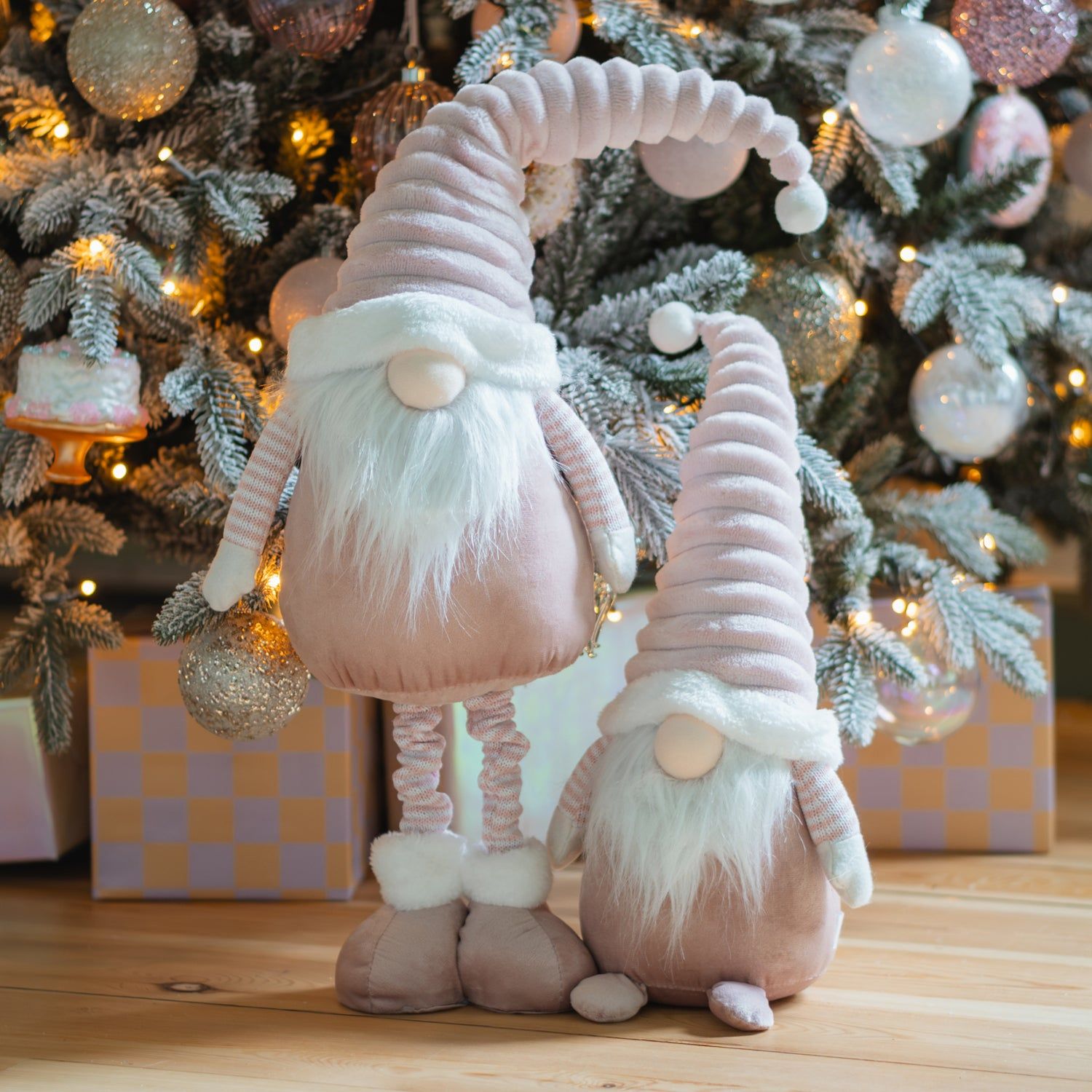 Whimsical Christmas Scene with Pink Gnomes and Tree — Pink and Gold Christmas Tree