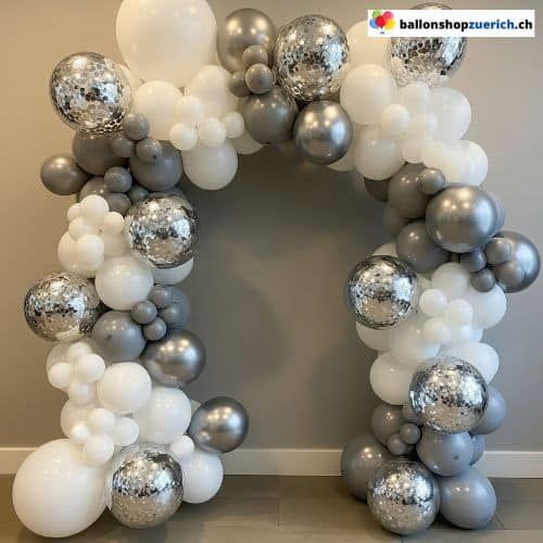 White, Grey, and Silver Balloon Garland Arch for Entryway — New Years Eve Balloon Garland