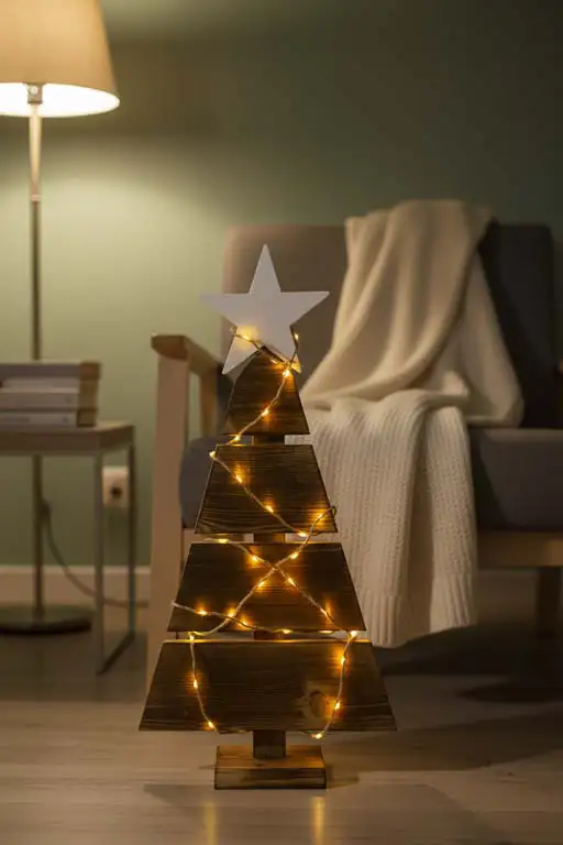 Handmade Wooden Christmas Tree with Fairy Lights and Star Topper Handmade Wooden Christmas Tree with Fairy Lights and Star Topper — Rustic Christmas Tree