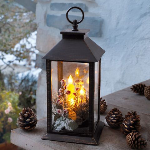 Outdoor Metal Lantern with LED Candles and Frosted Greenery — Christmas Lantern Lights