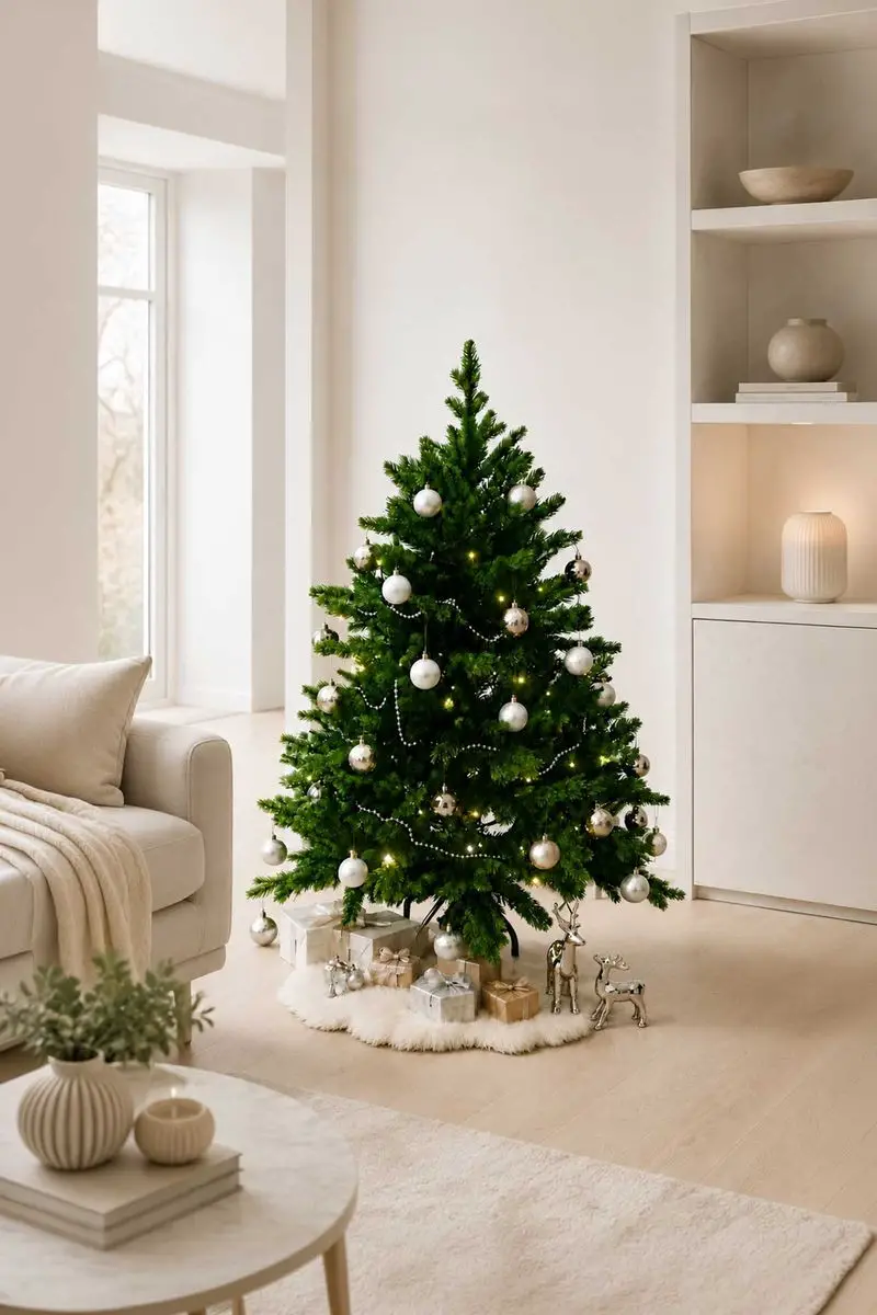 Modern Living Room Featuring a Silver and Gold Decorated Christmas Tree — Glam Christmas Tree