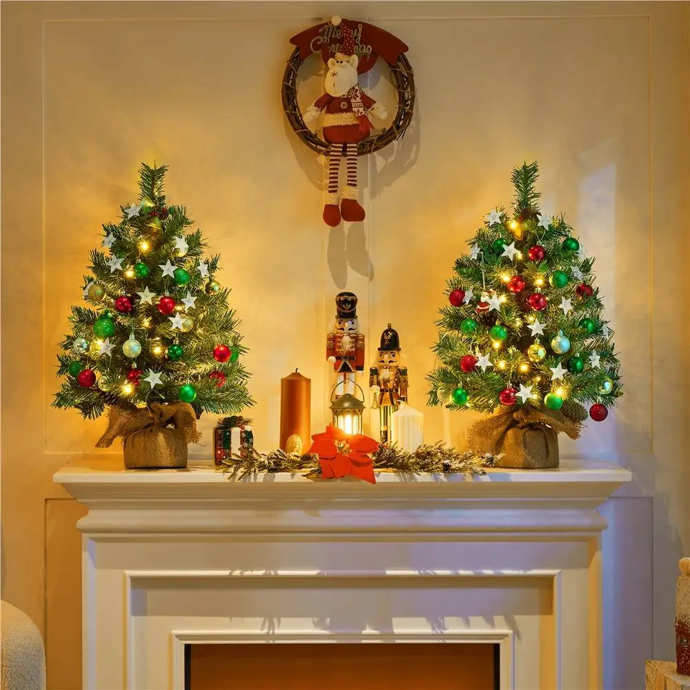 Festive Mantelpiece with Two Burlap Trees Festive Mantelpiece with Two Burlap Trees — Small Christmas Tree Decor