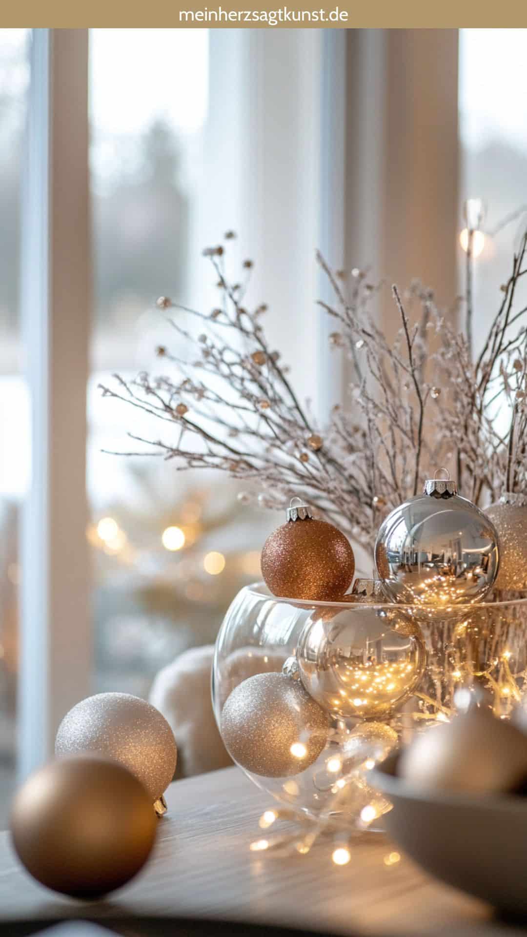 Elegant Shelf Display with Ornaments in a Glass Bowl Elegant Shelf Display with Ornaments in a Glass Bowl — Christmas Shelf Decor