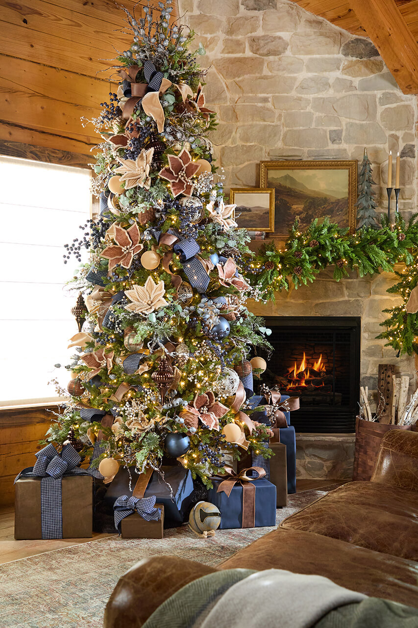 Rustic Living Room Christmas Tree with Large Fabric Flower Ornaments — Whimsical Christmas Decor