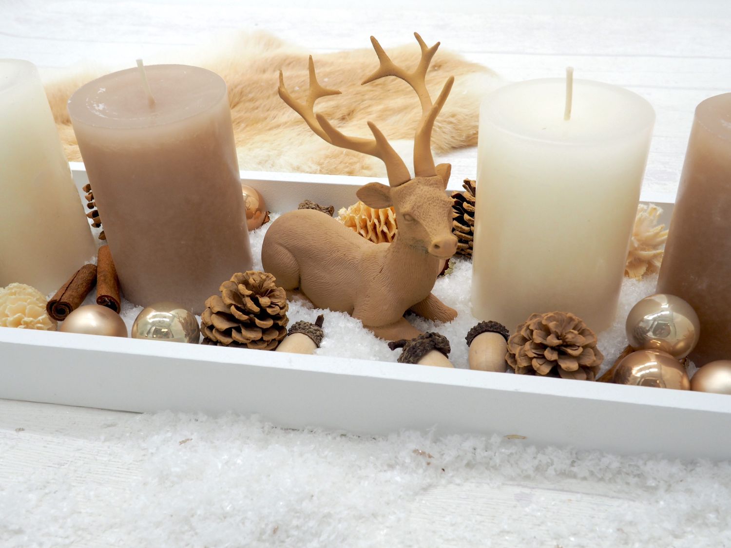 Rustic Christmas Tiered Tray with Ceramic Deer and Faux Fur