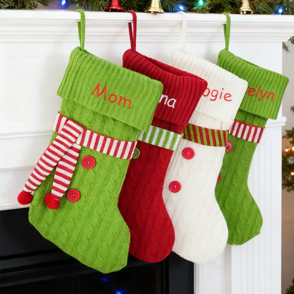 Colorful Striped Knit Stockings with Button Details — Christmas Stockings Display