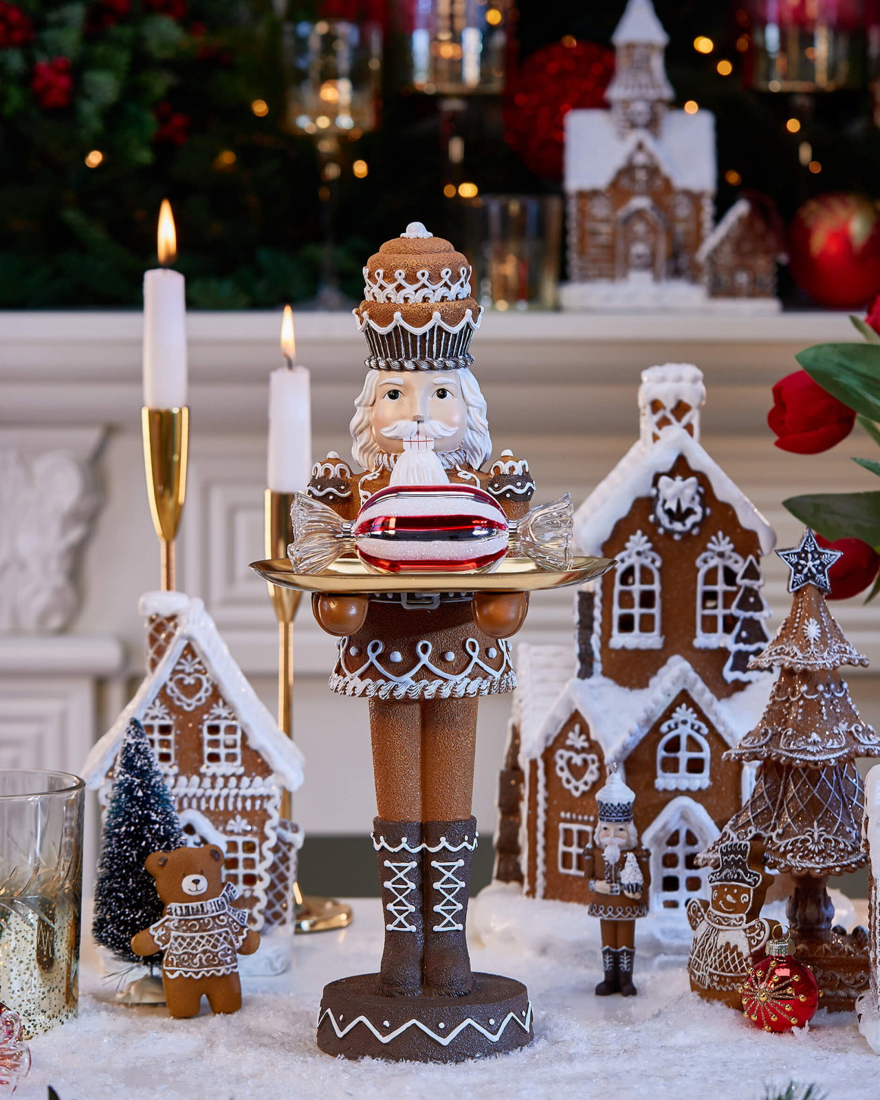 Gingerbread-Themed Nutcracker in a Snowy Display — Nutcracker Christmas Decor