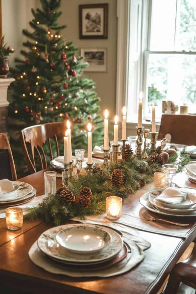 Cozy Christmas Table Setting with Pine Garland and Candles — Vintage Christmas Decor
