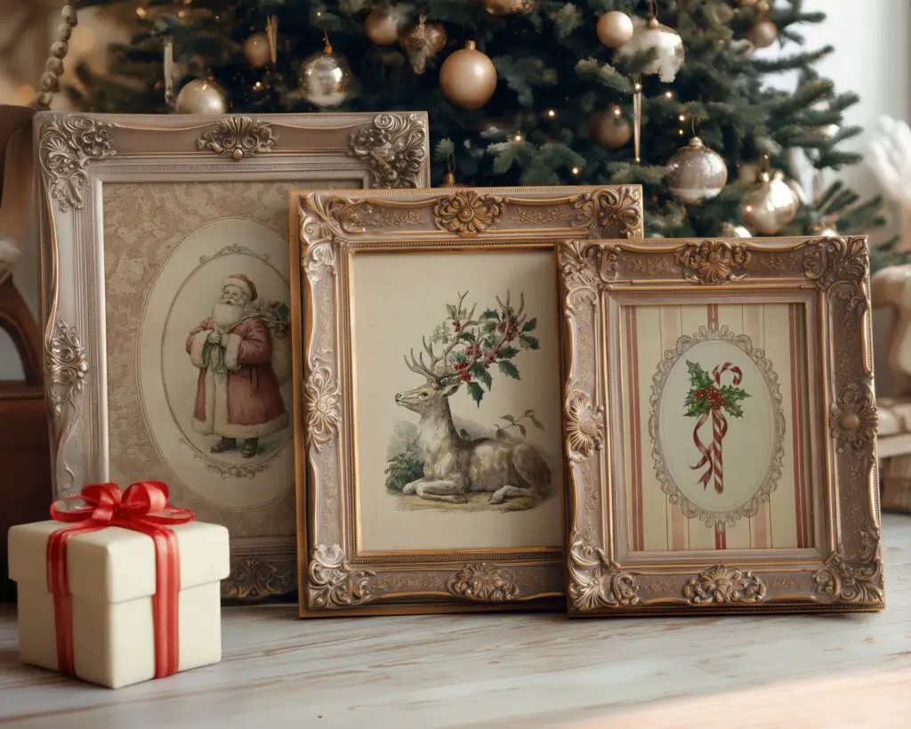 Framed Vintage Christmas Artwork with Classic Motifs — Vintage Christmas Decor