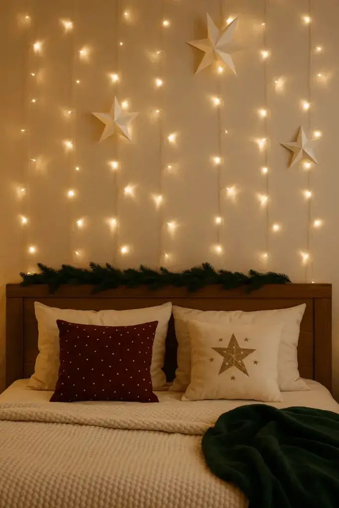 Cozy Christmas Bedroom with Twinkling Fairy Lights on the Headboard Cozy Christmas Bedroom with Twinkling Fairy Lights on the Headboard — Cozy Christmas Decor