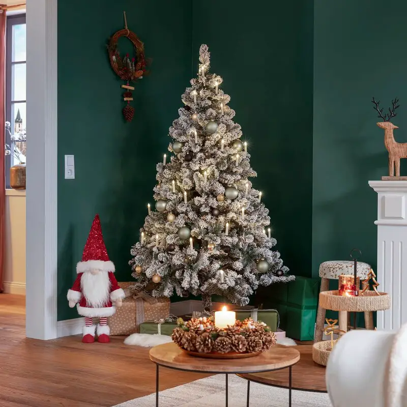 Flocked Christmas Tree with Gnome and Pinecone Wreath — Traditional Christmas Decor