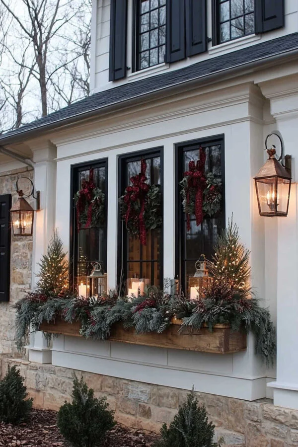 Inviting Exterior Window Box with Evergreen Boughs and Lanterns — Whimsical Christmas Decor