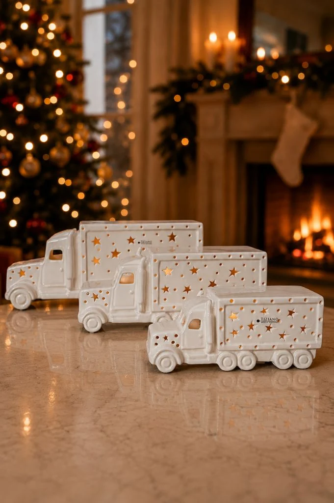 Illuminated Ceramic Trucks Add Whimsy to Farmhouse Christmas Mantel