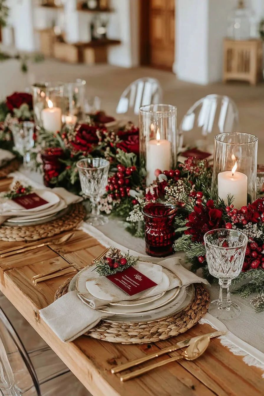 Romantic Christmas Table with Red Floral Centerpiece and Gold Accents — Christmas Table Setting