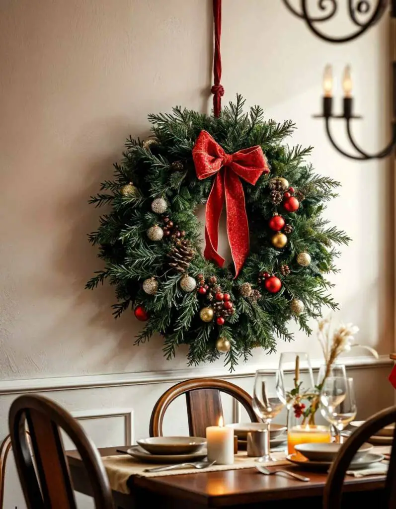 Elegant Christmas Wreath Above a Set Dining Table — Christmas Wall Decor