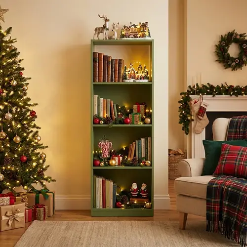 Enchanting Christmas Village on a Green Bookshelf Enchanting Christmas Village on a Green Bookshelf — Christmas Bookshelf Decor
