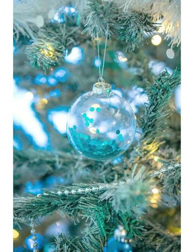 Clear Glass Ornament Filled with Blue Glitter — Blue and Silver Christmas Tree