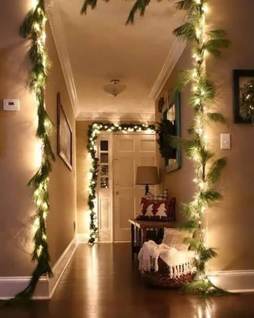 Garland and String Lights in a Hallway — Christmas Wall Decor