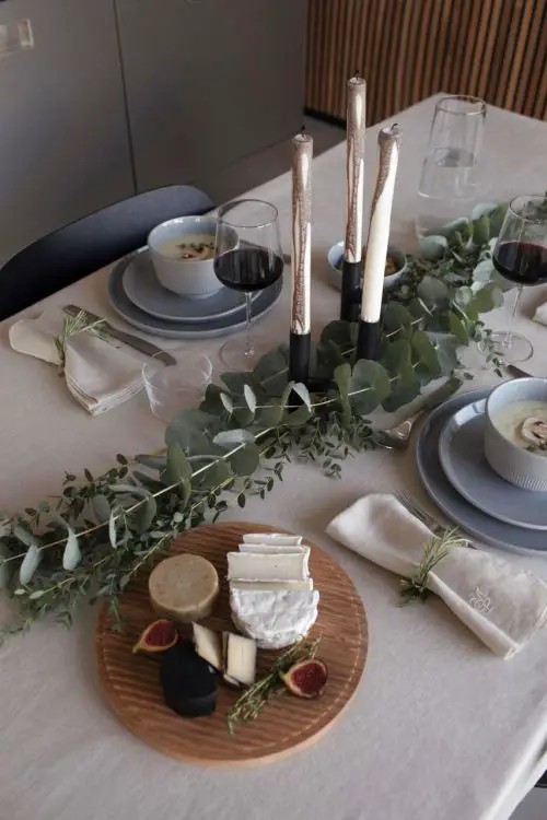 Modern Grey Table Setting with Eucalyptus and Cheese Board — Christmas Table Setting