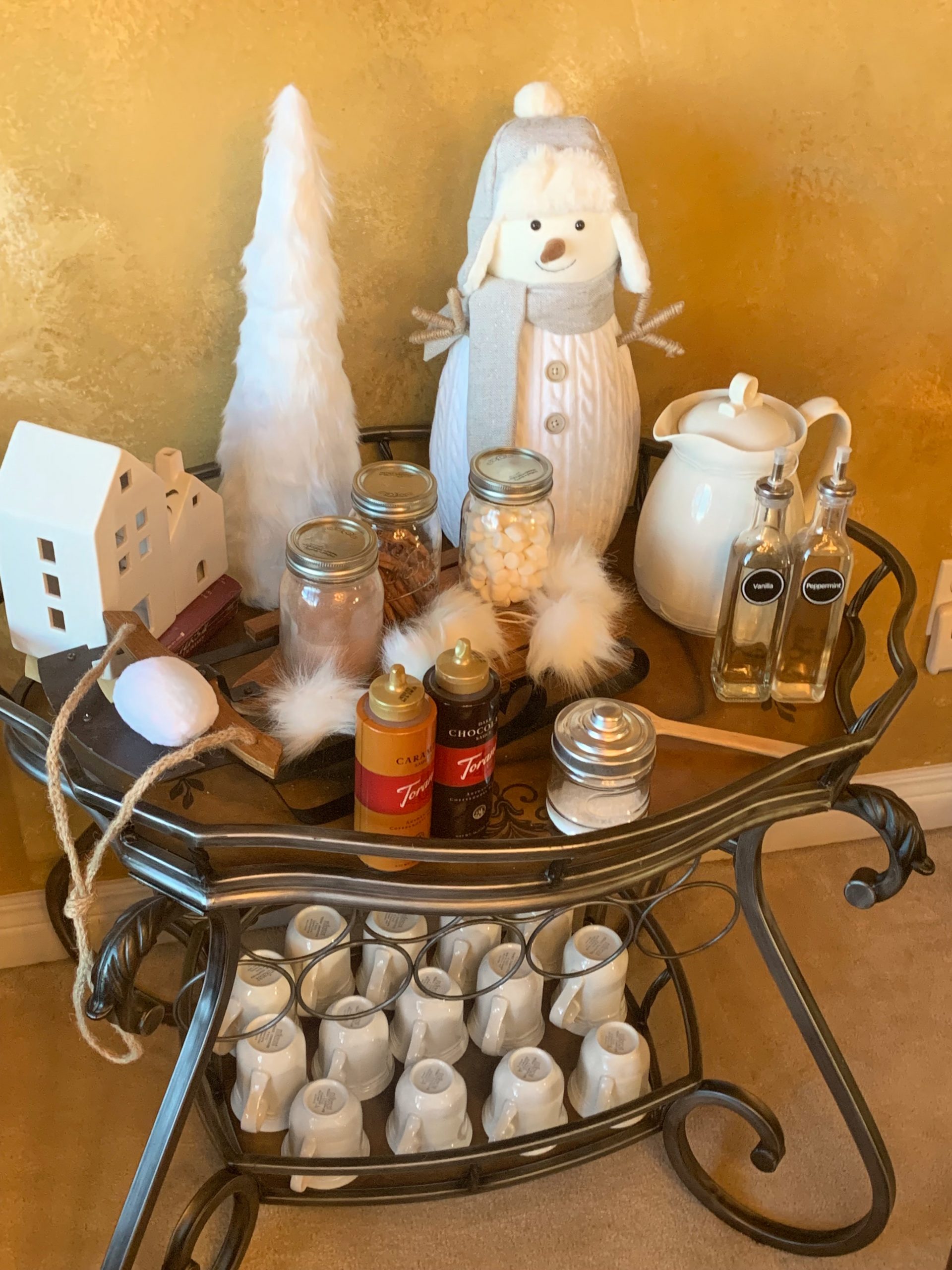 Whimsical Hot Cocoa Bar on Tiered Metal Cart — Christmas Hot Cocoa Bar