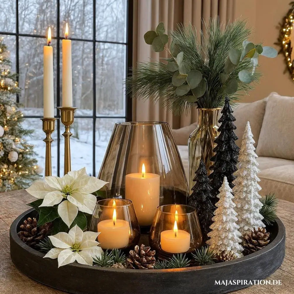 Modern Festive Tiered Tray with Gold Candelabra and Mini Trees — Christmas Tiered Tray
