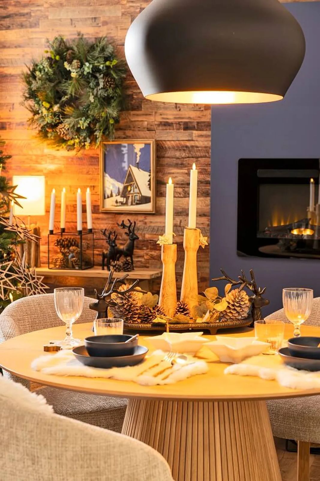 Alpine Chalet Dining Room with Wooden Candle Holders and Pinecones — Christmas Candle Decor