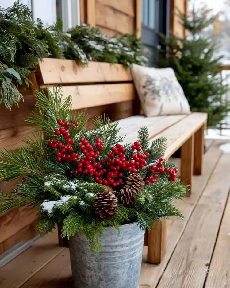 Galvanized Bucket Filled with Festive Greenery — Small Christmas Porch