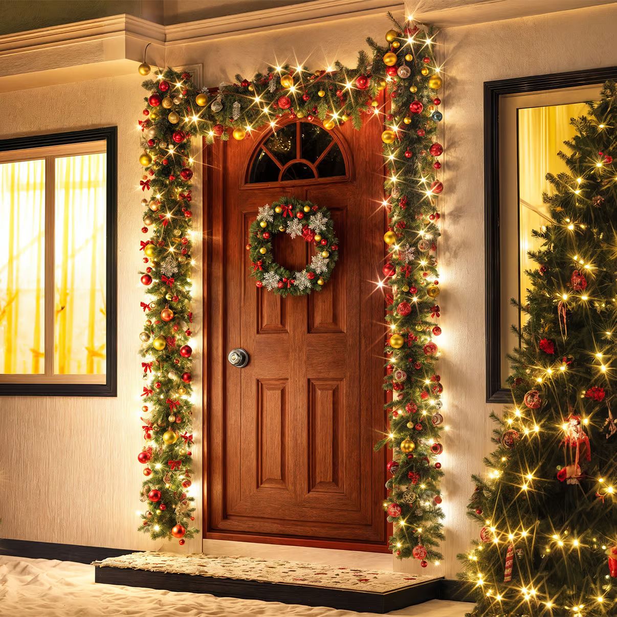 Warmly Lit Wooden Door with Vibrant Garland and Sparkling Tree Warmly Lit Wooden Door with Vibrant Garland and Sparkling Tree — Christmas Front Door Decor