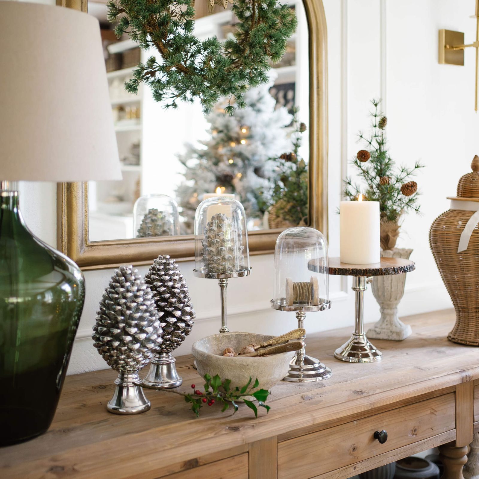 Vintage Console Table with Candles Under Glass Domes — Christmas Candle Decor