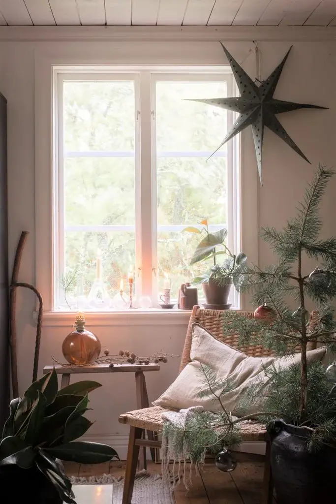 Cozy Corner with Small Pine Tree and Star Lantern Cozy Corner with Small Pine Tree and Star Lantern — Scandinavian Christmas Tree