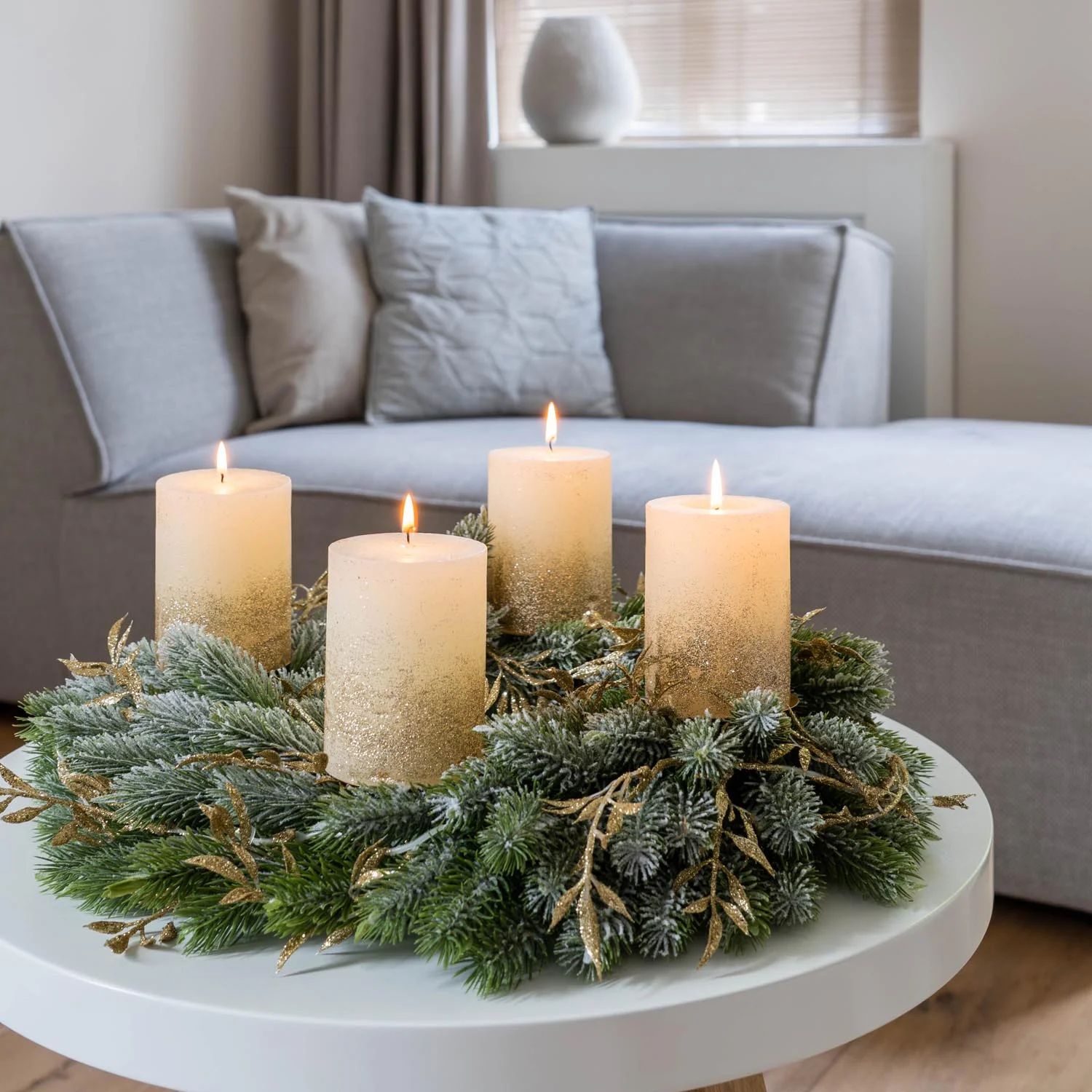 Frosted Greenery Advent Wreath with Gold Accents Frosted Greenery Advent Wreath with Gold Accents