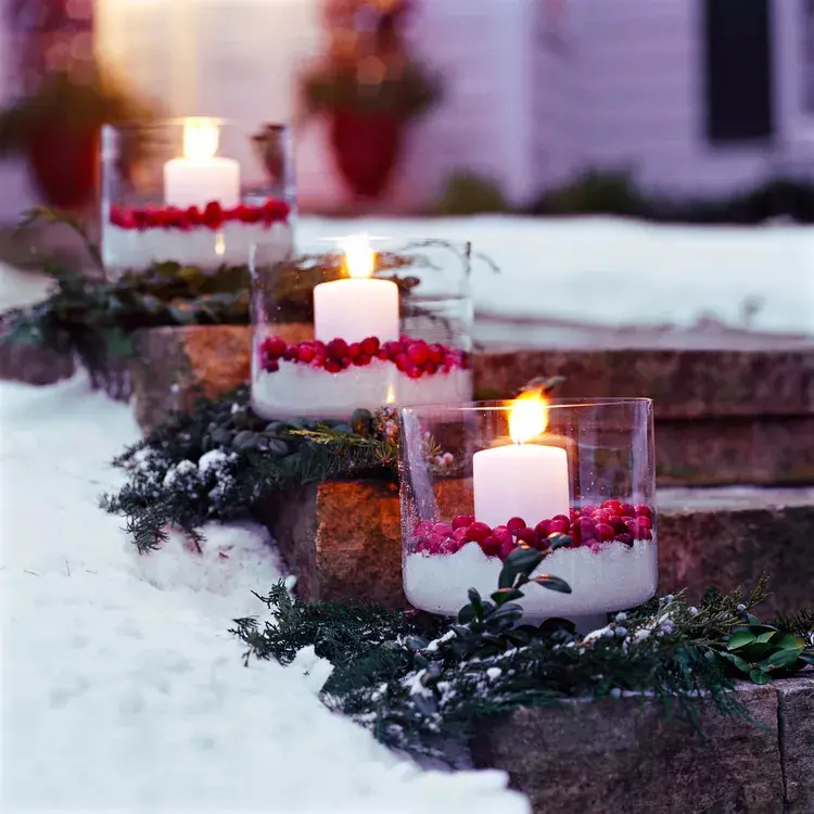 Elegant Glass Candle Holders on Outdoor Steps — Christmas Yard Decor