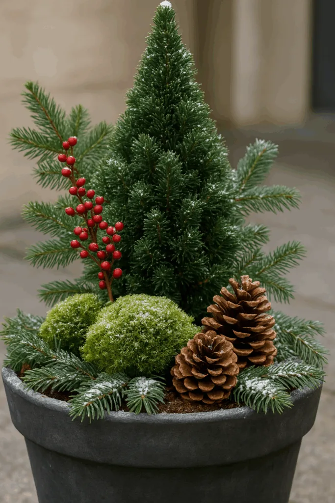 Festive Winter Planter with Evergreen and Red Berries — Rustic Christmas Decor