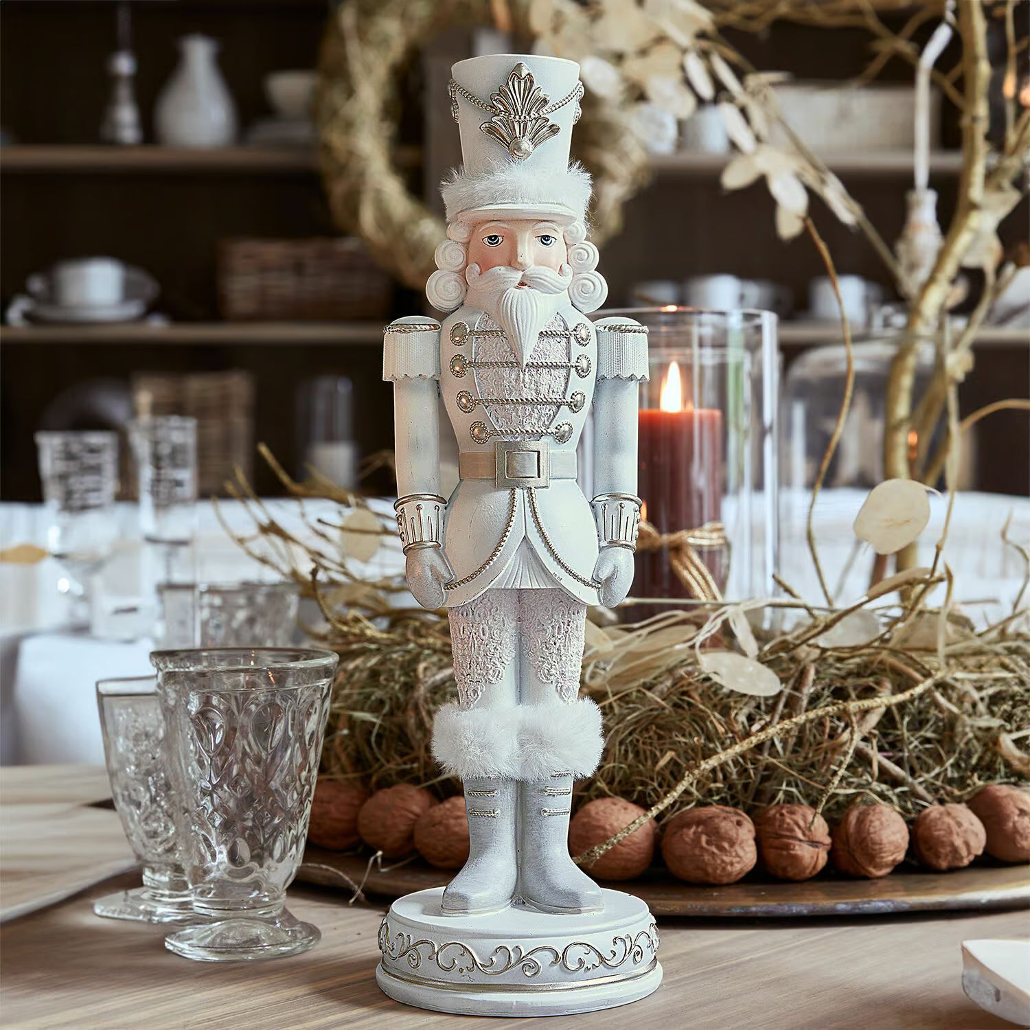 Elegant White Nutcracker as a Dining Table Centerpiece — Nutcracker Display