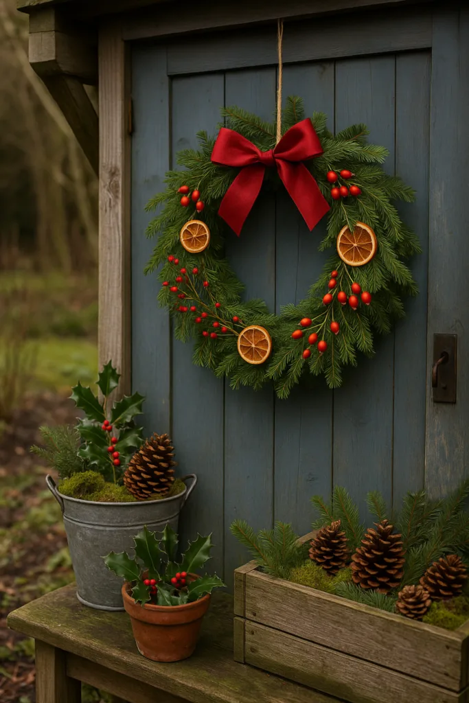 Hang an Evergreen Wreath with Oranges on a Blue Door Hang an Evergreen Wreath with Oranges on a Blue Door — Simple Christmas Outdoor Decor