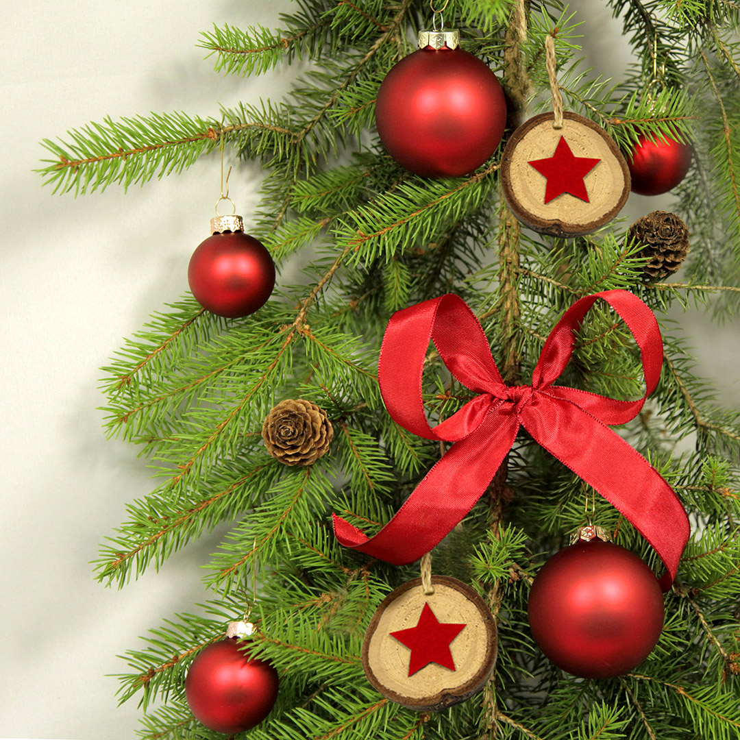 Christmas Tree Branch with Red Baubles, Stars, and Ribbon Bow Christmas Tree Branch with Red Baubles, Stars, and Ribbon Bow — Red and Gold Christmas Tree