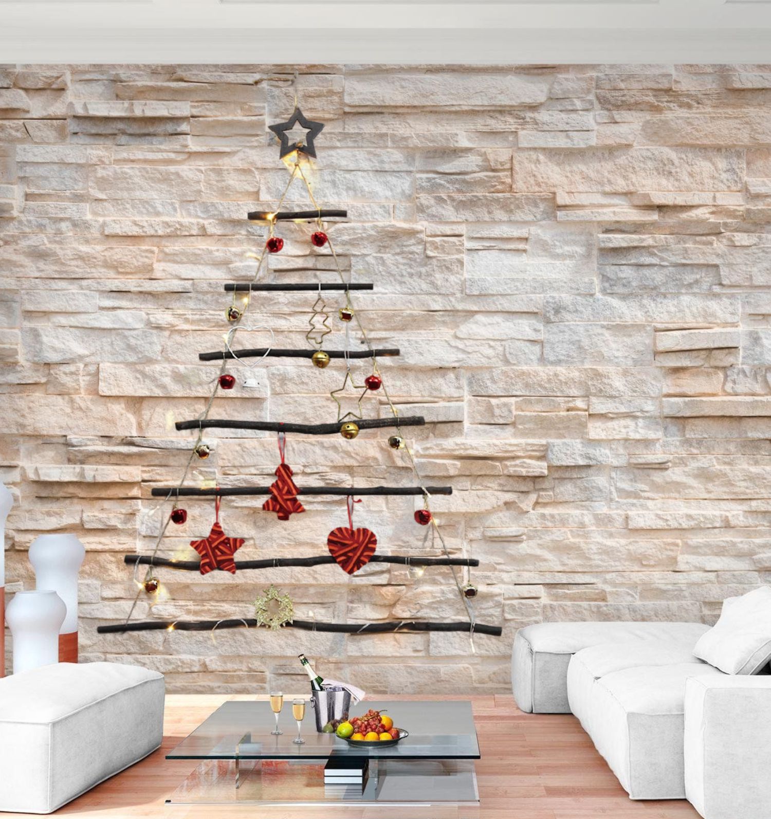Rustic Dark Wood Stick Wall Christmas Tree with Star Topper