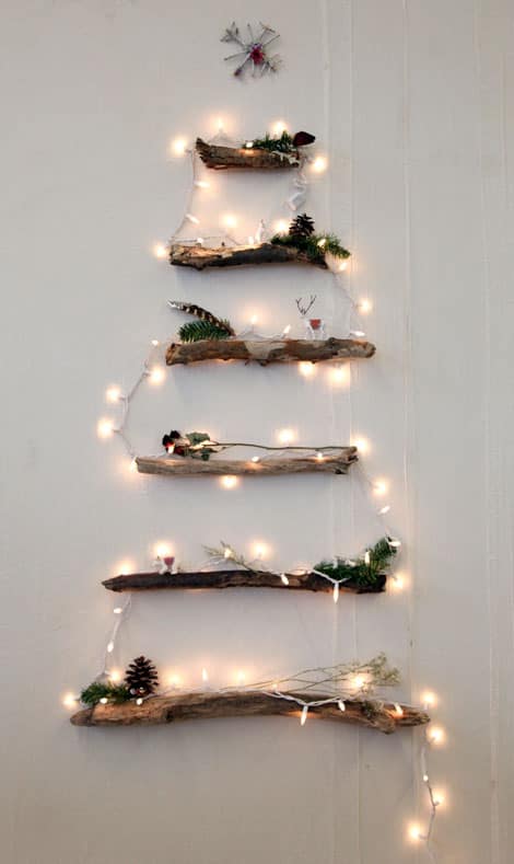 Rustic Layered Branch Wall Tree with Pine Sprigs and Lights — Wall Christmas Tree
