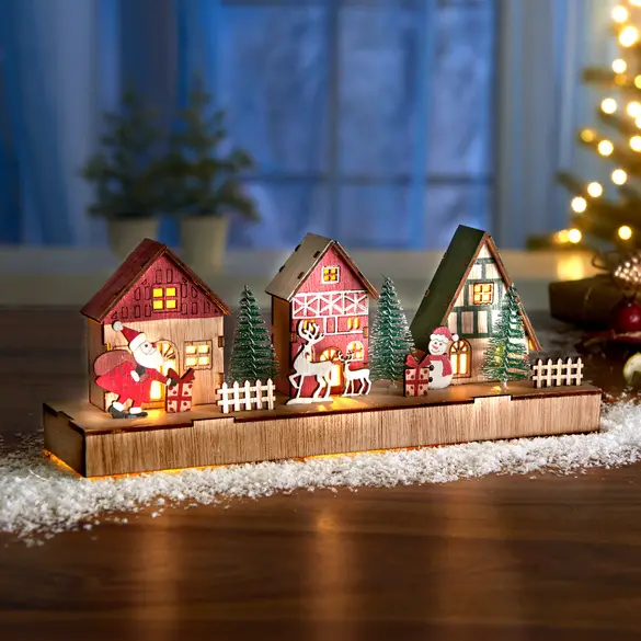 Rustic Wooden Village with Illuminated Figures — Christmas Village Display