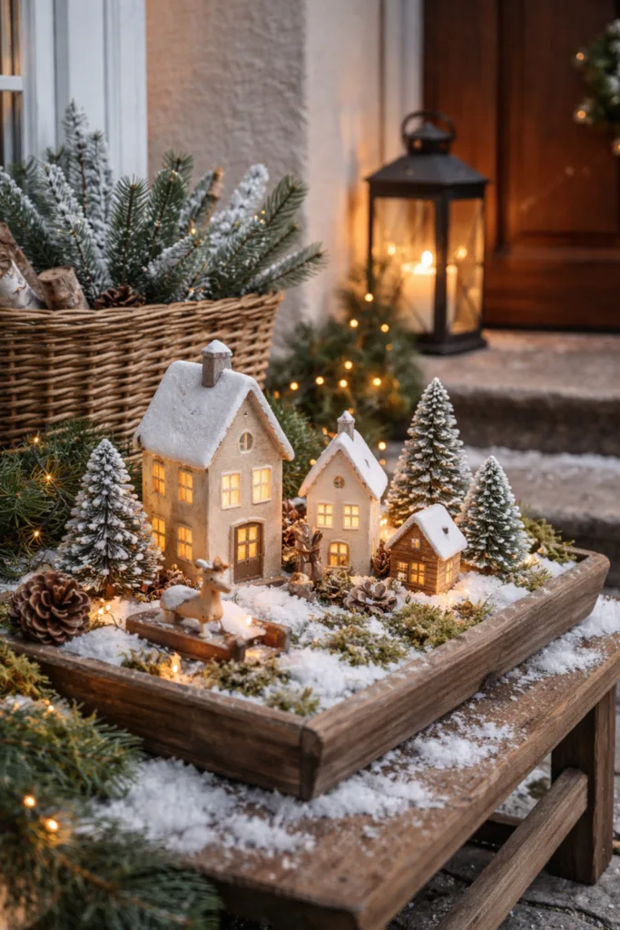 Enchanting Miniature Winter Village Scene — Winter Front Door Decor