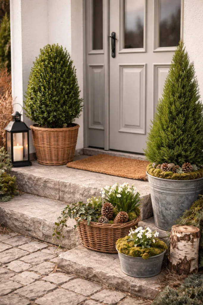Traditional Doorway with Evergreen Topiaries and Lantern — Winter Front Door Decor