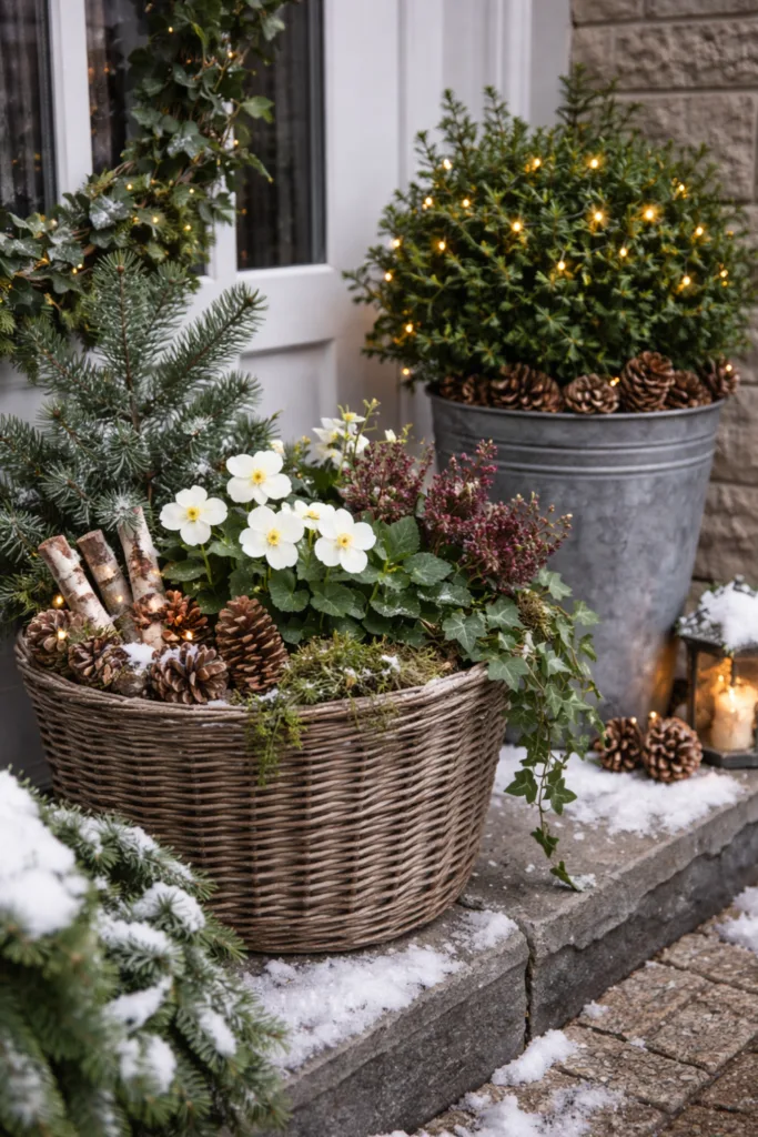 Cozy Winter Vignette with Greenery and Lantern — Winter Front Door Decor